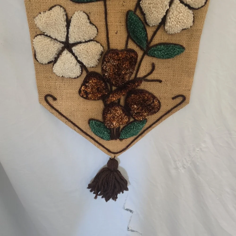 Vtg 1970's BOHO Burlap Flower Butterfly Latch Hook Completed Rug Wall Hanging